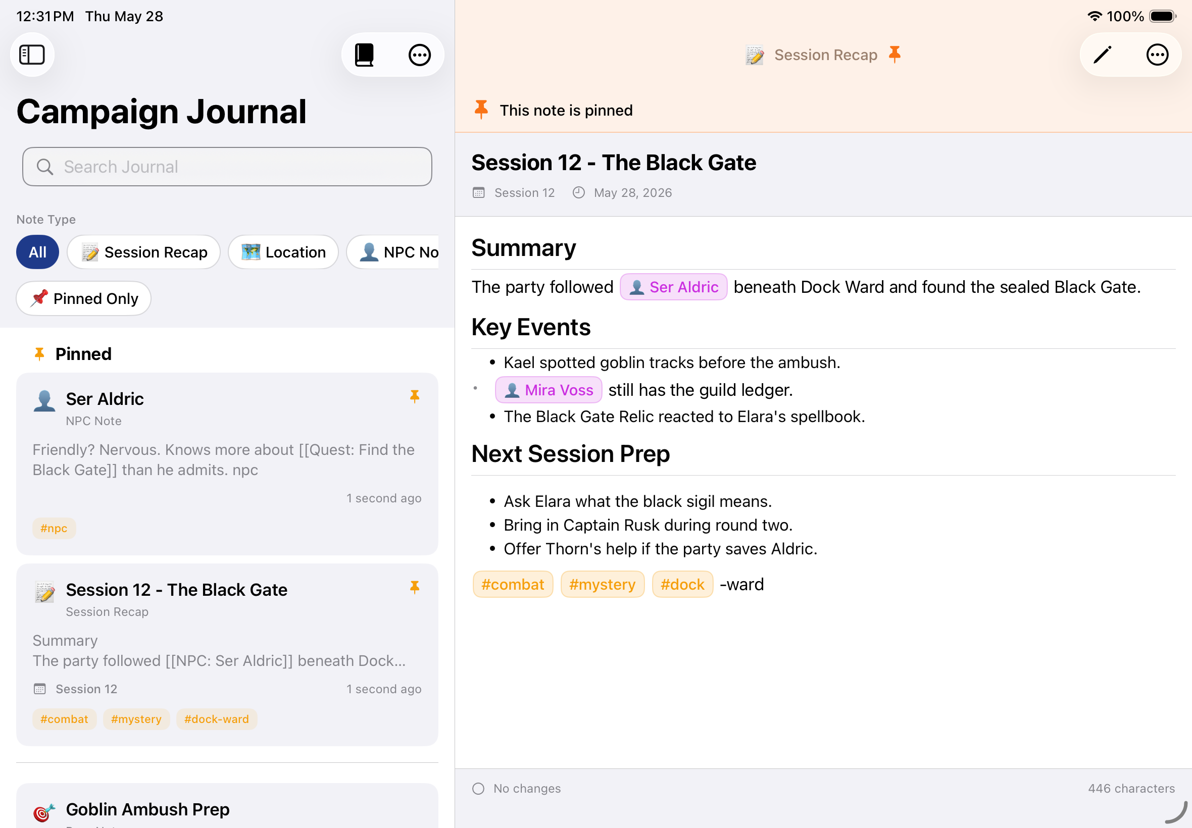 Campaign Codex campaign journal showing searchable notes, pinned entries, tags, and a selected session recap