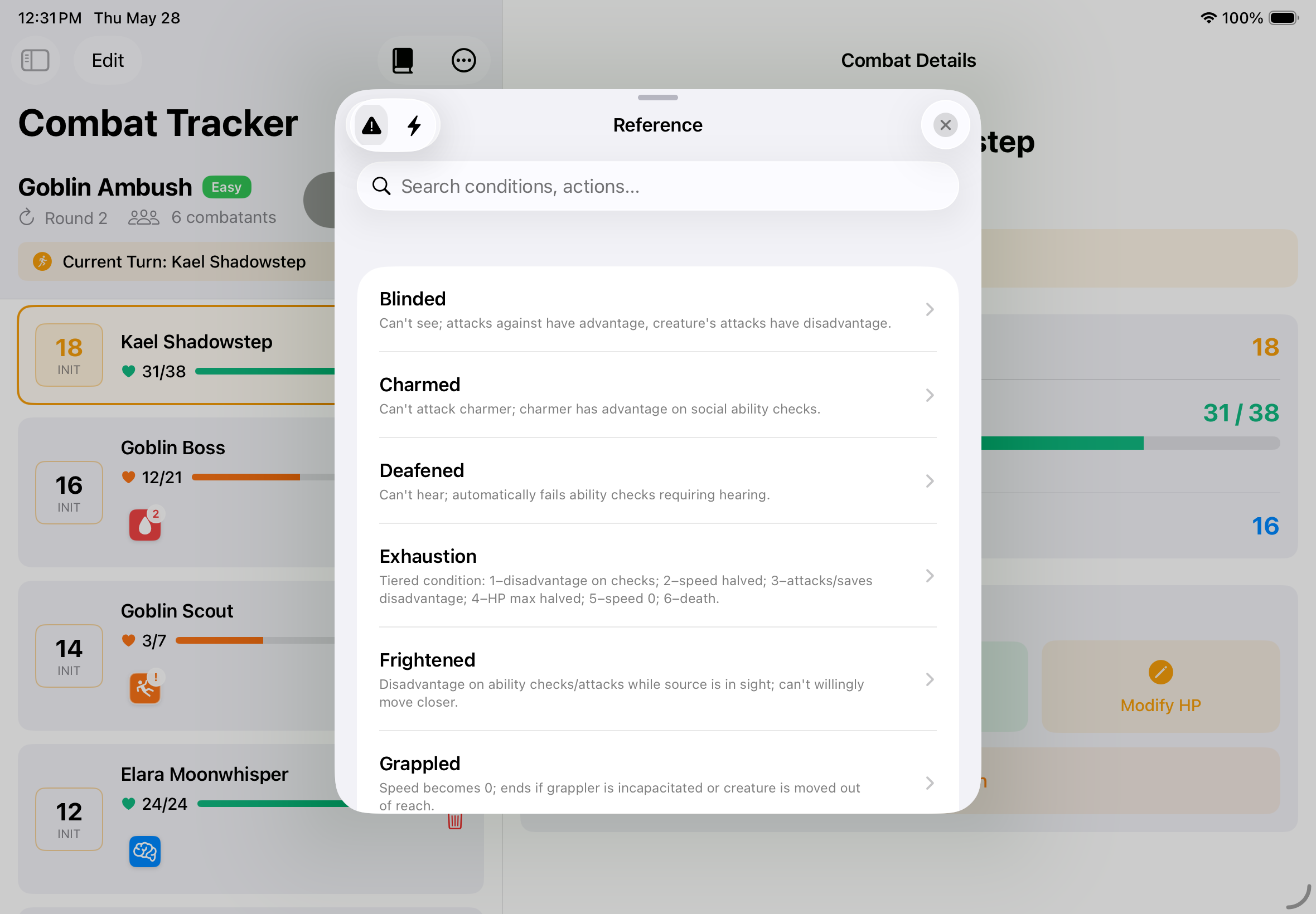 Campaign Codex quick reference panel open over the app with D&D condition and action lookup